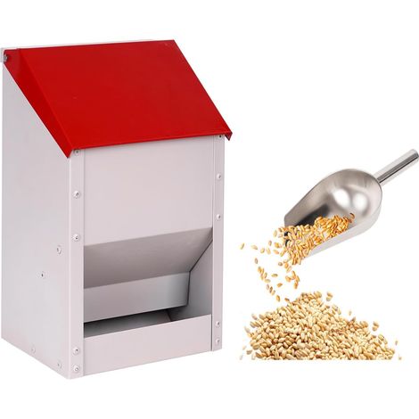 Mangeoire Automatique Volaille 4,5 kg en Métal Résistante aux Intempéries avec Couvercle Anti-Gaspillage, Distributeur d’Aliment avec Pelle Métallique et Support Mural pour Poulets (1/5)