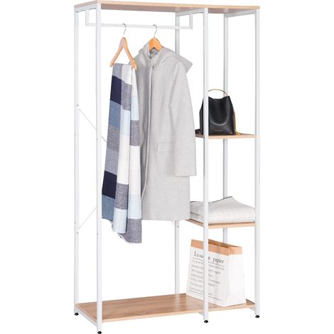 Woltu – Portant à vêtements avec étagère et porte-chaussures en bois et acier – Dimensions 90 x 40 x 167cm – Couleur blanc et chêne clair (1/5)