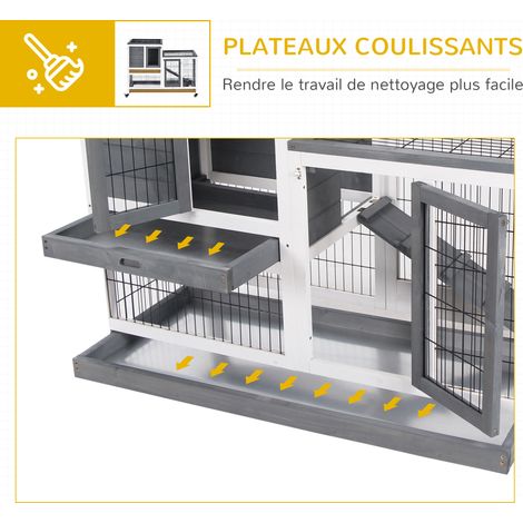 Clapier à lapin sur roulettes cage à lapin intérieur extérieur 2 étages 2 portes verrouillables 2 plateaux coulissants rampe bois de sapin gris blanc (1/5)