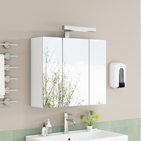 MODFU – Armario tocador de pared 66 cm de MDF/vidrio con 3 puertas espejo, estantes de vidrio, LED y enchufe francés – Blanco (1/5)