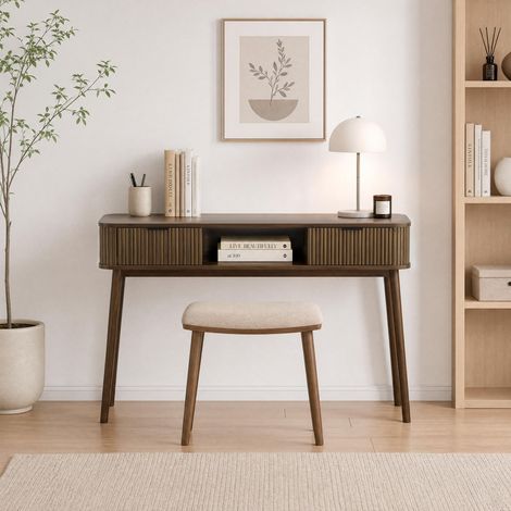 Table console Noyer 120 cm avec 2 tiroirs et étagère ouverte pieds bois massif - Console décor chêne, meuble d'entrée vintage rétro décor chêne (1/5)