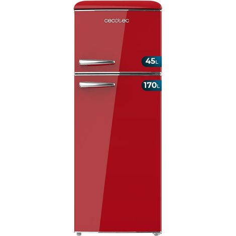 Zweitüriger roter Retro-Kühlschrank mit zwei roten Türen, 148,2 cm hoch und 55,2 cm breit, 215 L Fassungsvermögen, Energieklasse E, Innenbeleuchtung und Chromgriff.
