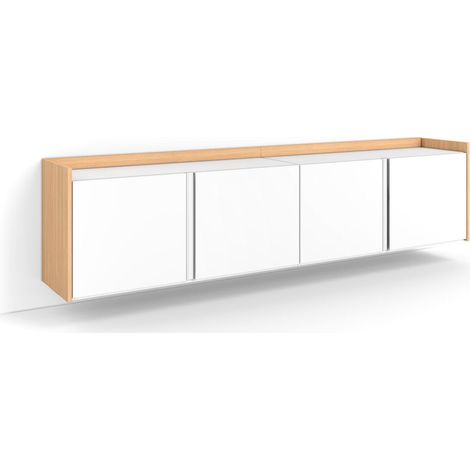 Skraut Home - Mueble TV, Televisión, Muebles de salón, almacenaje, 207x35x50cm, Para TV hasta 80", Colgado, Suspendido, Estilo Moderno, Blanco y roble soft (1/5)