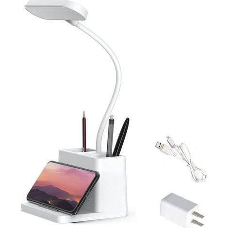 Lampe de bureau LED avec porte-stylo, lampe de bureau pour ordinateur, rechargeable, respectueuse des yeux, lampe de chevet à angle flexible pour la lecture, petite lampe d'étude pour chambre d'enfant (1/2)