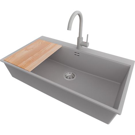PRIMAGRAN Evier Cuisine en Granit 88x50cm,Lavabo 1 bac + Robinet 32x20cm + Kit de Vidage + Planche à Découper, Évier à Encastrer au meuble 90cm - Oslo, Gris (1/5)