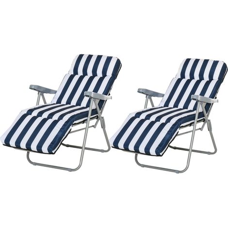 2 X Klappstühle Gartenstuhl Sonnenliege Armlehne Klappbar 5 Positionen Auflage Blau 60 X 75 X 102 Cm