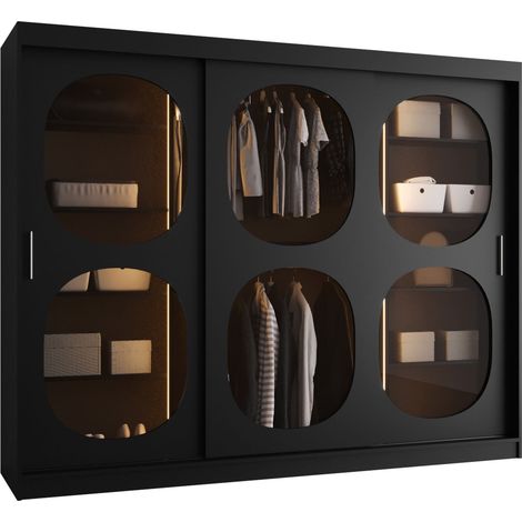 Armario Hartford 533, Negro, 200x250x62cm, Puertas de armario: Correderas, Número de estantes: 5, LED