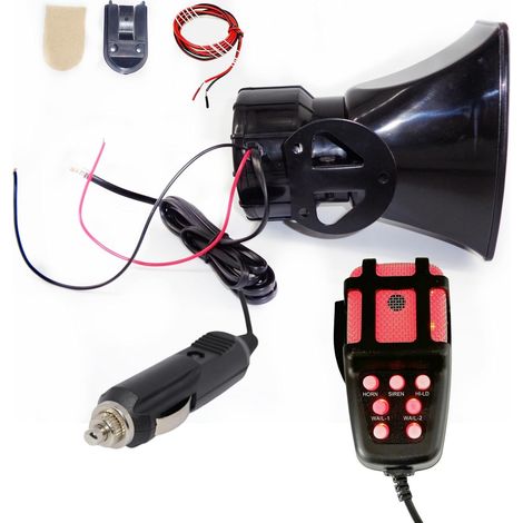 Klaxon de voiture 7 tons Installation simple Allume-cigare 135db Amplificateur sonore d'urgence avec lumière rouge Micro Système de haut-parleur PA Avertisseur Horn pour 12V camion bateau ect (1/5)