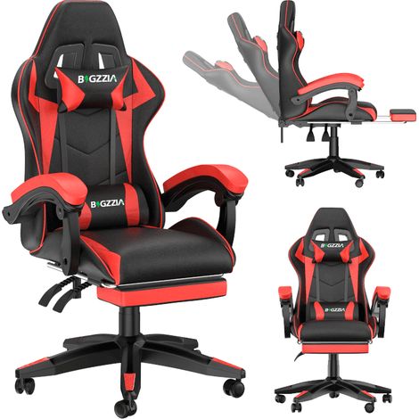 Vedio Gaming Chair with footrest, BIGZZIA Gamer Chairs with Lumbar Cushion + Headrest, black and red