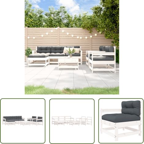 The Living Store Salon de jardin 7 pcs avec coussins blanc bois massif - Salon De Jardin - Mobilier De Jardin - Ensemble Salon - Meubles De Jardin - Bois Massif (1/5)