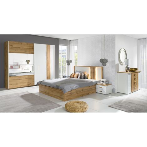 Chambre complète WOOD avec lit coffre 180 x 200 cm LED, armoire, commode et chevets – Chêne et blanc