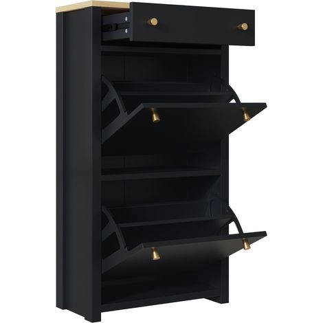 Zapatero moderno estrecho con 1 cajón y 2 puertas, MDF negro efecto madera, 50 x 24 x 95 cm (1/5)