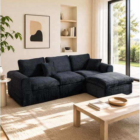Divano Modulare a 3 Elementi, Configurazione Angolare, Lineare o Letto d'Appoggio, Schiuma e Molle, Nero e Blu (1/5)