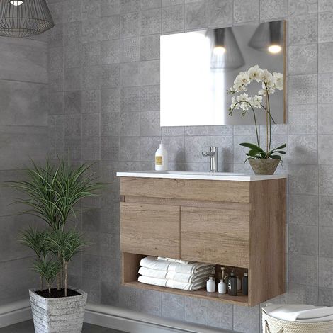 Mobile bagno sospeso 80 cm 2 ante serie Oasi rovere con specchio e lavabo (1/5)