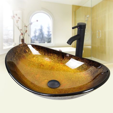 Puluomis – Vasque à poser en verre trempé 55x35x15cm – Ovale or-jaune – Lavabo design pour salle de bain – Hauteur robinet 30cm