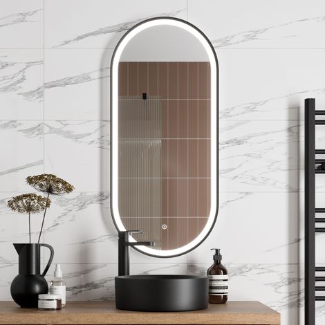 Aquari Oval LED Mirror Touch Designer Bathroom Demister Mains Matt Black 450x1000mm (1/4)