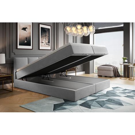 Lit adulte 140x200 cm ROYAL - rembourré avec rangement et matelas – tissu velours - gris clair