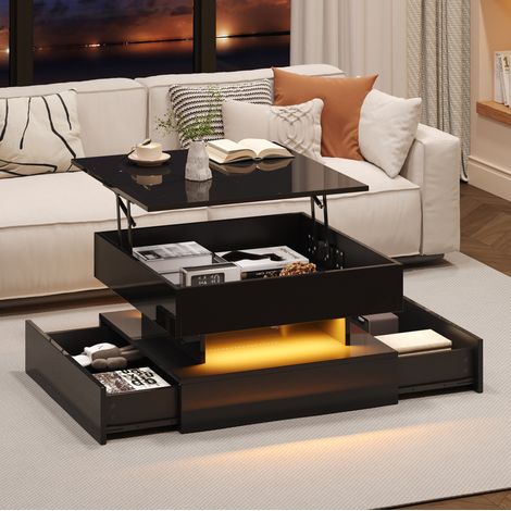 Tavolino da caffè rialzabile 65 x 65 x 38,5 cm con LED, 2 cassetti, nero DESVIAE (1/5)