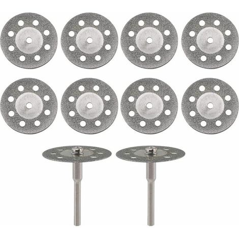 10 dischi da taglio diamantati diametro 22 mm con 2 mandrini da 3 mm sostitutivi per utensili rotanti Dremel, modello: argento (1/5)