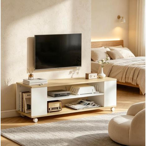 Mueble TV con ruedas 120 x 40 x 38,5 cm blanco y natural HAVRYA (1/5)