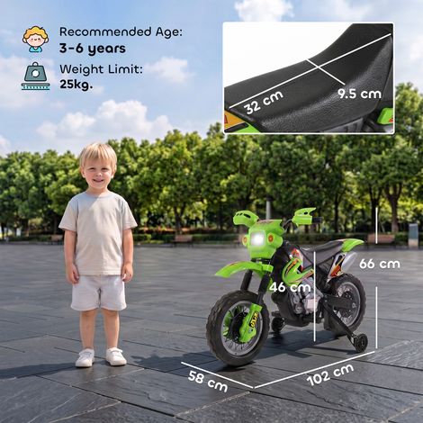 Vélo électrique pour enfants à partir de 3 ans, vélo de motocross électrique avec stabilisateurs, batterie 6V, vitesse maximale 2,5 km/h, 102 x 53 x 66 cm, vert. (1/5)