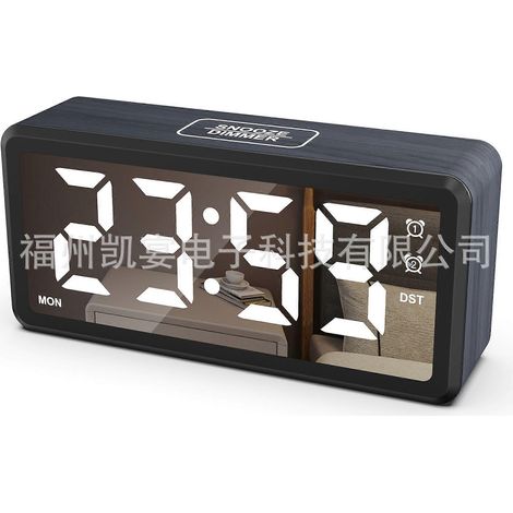 Horloge électronique de bureau à LED imitation bois, grands caractères miroir, intensité réglable, compatible avec l'heure d'été, conforme à la norme EN8839-A, motif bambou. (1/5)
