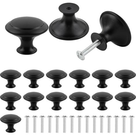 16 Stück mattschwarze Tür- und Schubladenknöpfe, schwarze Schrankknöpfe, 30 mm schwarzer runder Möbelknopf, runder schwarzer Küchengriff mit Schrauben für Möbel, Schubladen, Schränke, Türen, Badezimme