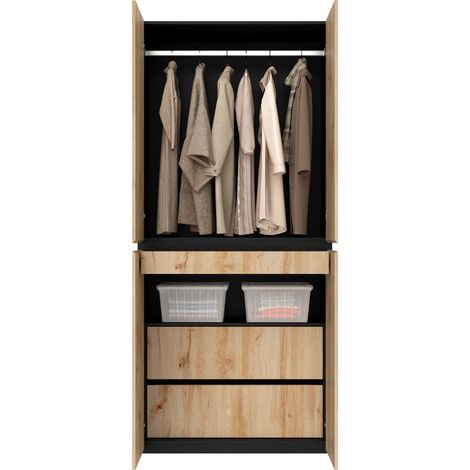 Armoire avec tiroir à bijoux, 90x50x200 cm, 4 portes, 1 tringle, 2 tiroirs, chêne/blanc, pour chambre, couloir, enfant, bureau (1/5)