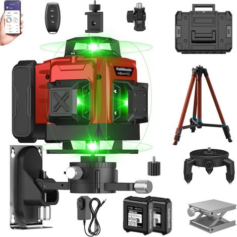 Niveau Laser avec Trepied 4 x 360°, 4D 16 Lignes Laser Chantier avec 2 x 4800mAh Batterie & Affichage LED, Niveau Laser 360 Autonivelant, APP, Télécommande, IP54 Étanche et Anti-Poussière