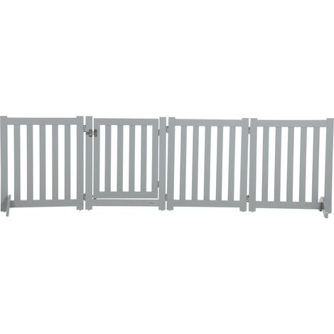 Barrière de sécurité chien pliable double face en bois. 4 panneaux avec porte. pieds de support 205 x 60 cm gris. double face pour protection optimale. se plie compact (1/5)