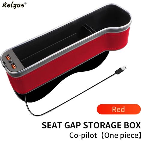 (Rouge à droite) Boîte de rangement lumineuse LED multicolore pour siège auto, avec 2 ports USB à charge rapide, compartiment pour gobelet, téléphone et cartes. (1/5)