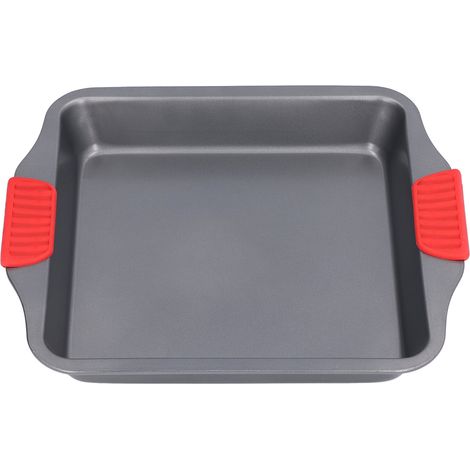 Plaque de cuisson double poignée en silicone rouge, revêtement adhésif, acier au carbone, compatible lave-vaisselle, design profond, moule à four carré de 106 cm avec poignée (1/5)