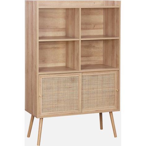 Librería de 5 estantes, puertas correderas, efecto madera y caña
