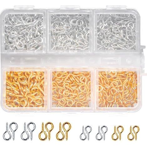 Lot de 500 Crochets à vis Barres à œil à vin Mini crochets à œil à vis Or et argent - Yeux à vis en métal Petits yeux à vis - 2 tailles (4 x 8,5 x 10) (1/5)