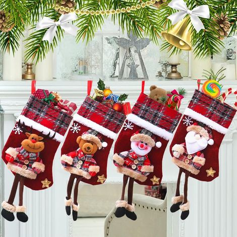 Christmas Stockings, 4 Pieces Christmas Stockings Large Christmas Tree Gift Socks Christmas Hanging Socks, Christmas Fireplace Candy Bag (1/5)