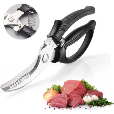 Sharp stainless steel poultry shears for meat with locking handle, non-slip plastic grip and spring, for fish, vegetables and barbecue (1/5)