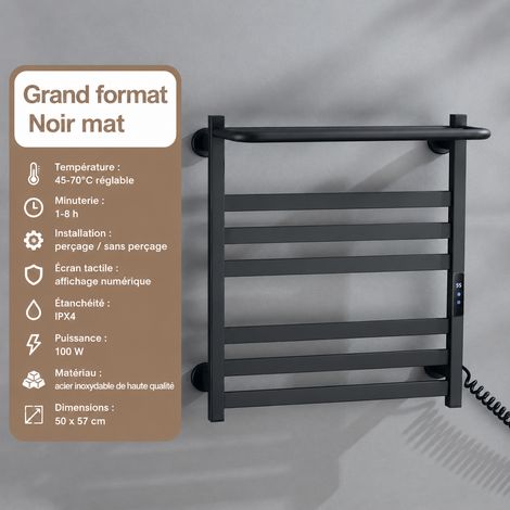 Sèche-serviettes électrique mural 6 barres modèle allongé noir sans perçage norme européenne 220V 64 × 52 × 8 cm 3,97 kg – Livraison gratuite (1/4)
