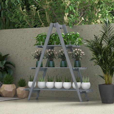 Dreistufiger vertikaler Pflanzenständer mit Latten, aus Tannenholz, 100 x 36 x 112 cm, Grau
