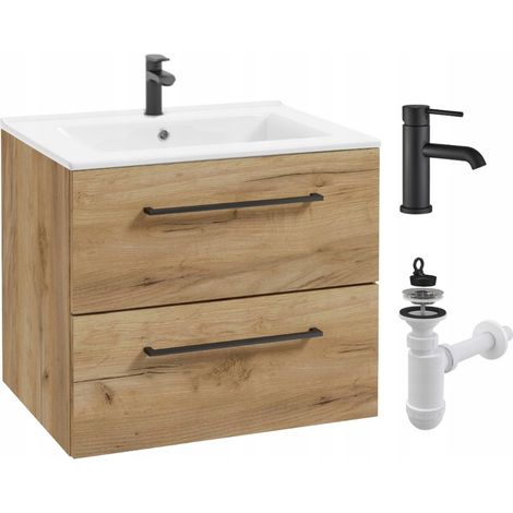 Waschtischunterschrank mit Waschbecken – 50 cm – Goldene Eiche – Scharniere mit Soft-Close-Funktion – Wandmontage