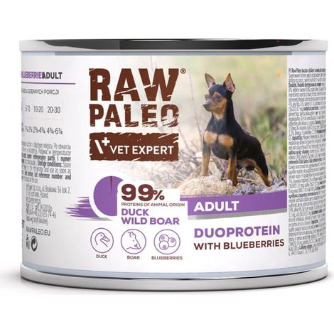 Aliment cru paléo pour chiens adultes Duoprotein canard/sanglier 200 g