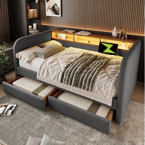 lit adulte rangement 140x190 LED USB lin gris OKMYHOME