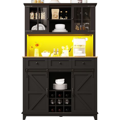 Buffet de Cuisine,Armoire haute Cuisine avec LED,3 étagères réglables & 3 Tiroirs,Anti-basculement,105×38,4×180 cm,Noir (1/5)