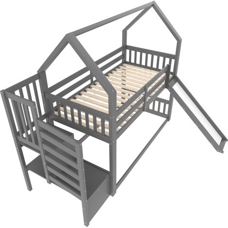 Cama infantil alta 90x200 cm gris con tobogán y escalera con almacenaje de pino y MDF (1/5)