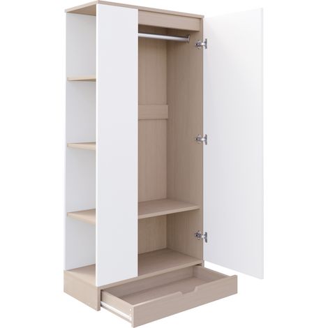 Armoire de rangement 70 x 40 x 170 cm 1 porte avec étagères et tiroir bois naturel et blanc MODENUIT (1/5)