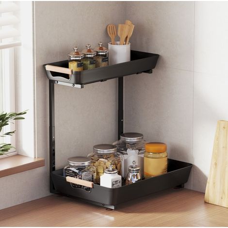 Étagère de cuisine en plastique noir, 2 paniers, hauteur réglable 40 x 30 x 33,5-42 cm (1/5)