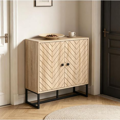 Meuble de rangement 80 x 29,5 x 80 cm avec portes, bois naturel et noir HAVRYA (1/5)