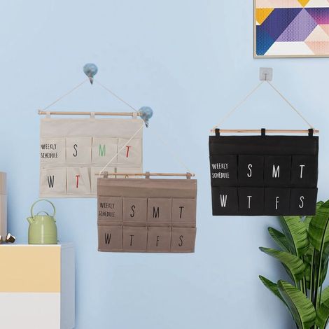 Organisateur mural à 8 poches pour planning hebdomadaire – Sac de rangement mural pour porte avec poches multiples – Suspension facile sans outils – Housse toile bois 50x41cm – Stockage intelligent po (1/5)