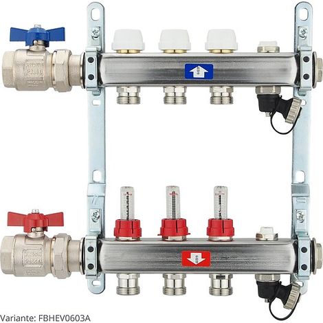 Fußbodenheizungsverteiler aus Edelstahl mit Topmeter für 3 Heizkreise - mit Anschlussset waagrecht (1/3)