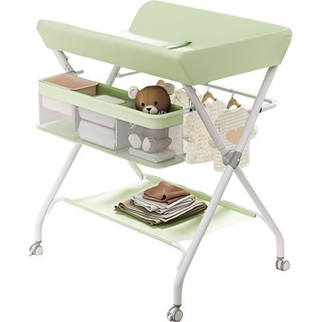 Table à langer pliable pour bébé, Étagère à langer Combinaison à langer Réglable en hauteur avec panier de rangement,Roue Verrouillable,VERT (1/5)