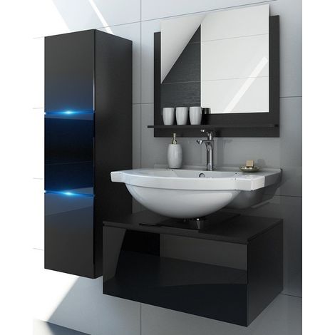 Set di mobili da bagno neri collezione OWL. Colonna, mobile sotto lavabo, specchio, sifone e LED.